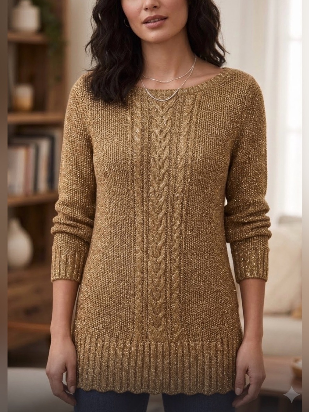 LAUREN RALPH LAUREN Cable Knit Sweater Sz L Gold Metallic 3/4 Sleeve Hoilday